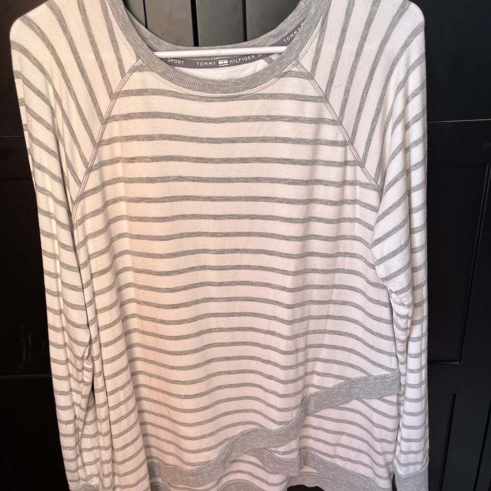 Tommy Hilfiger Sport Gray White Stripe Cotton Long Sleeve Womens Shirt Sz Small